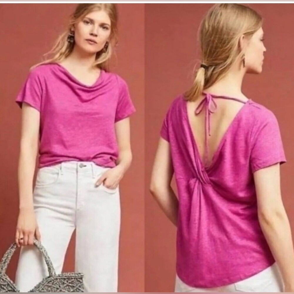 ANTHROPOLOGIE MAEVE WOMENS PINK HORIZON SHORT SLEEVE TIE BACK LINEN TOP MEDIUM